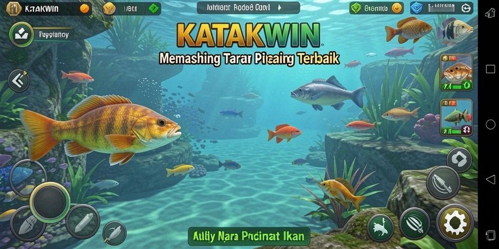 Gameplay KATAKWIN menampilkan aksi memancing yang mendebarkan dan beragam ikan.